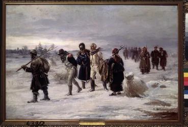 I 1812. (Fanger fanget fra Napoleons Grande Armee går i sneen, udmattede, eskorteret af russiske bønder). Maleri af Illarion Mikhailovich Pryanishnikov (1840-1894), olie på lærred