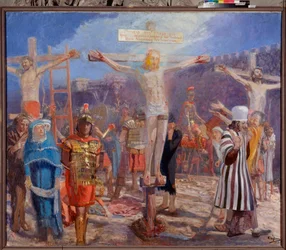 Golgata. Scene af korsfæstelsen. På siderne ses den gode røver, også kaldet Sankt Dismas (eller Dysmas, Dimas, Dumas), og den onde røver (Gesmas eller Gestas), to tyve korsfæstet sammen med Jesus Kristus.