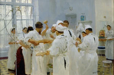 Kirurgen Ivan Pavlov (1849-1936) på en operationsstue (Kirurgen Pavlov på en operationsstue). Omgivet af sit medicinske team, assistenter og sygeplejersker opererer kirurgen en syg patient. Maleri af Ilya Yefimovich Repin (Ilia Repin) (1