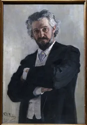 Portræt af Alexander Verzhbilovich (Verzhbilovic, Verzhibilovic, Vierzbilovich, Wierzbillowicz, Wierzbilovich, Wierzbilovicz, Wierzbilowicz) (1850-1911), violoncelliste russe, en 1895. Peinture de Ilia Iefimovich (1895)