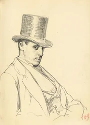 Siddende mand med høj hat, ca. 1872-1875