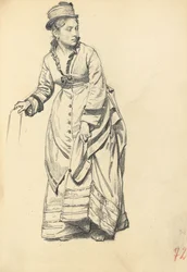 Stående kvinde holder sin kjole, ca. 1872-1875