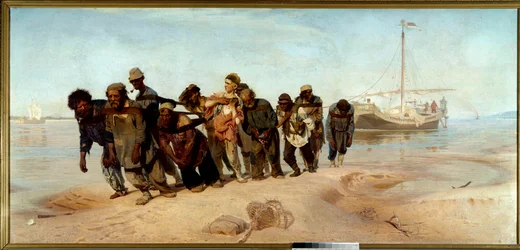 The Boatmen of the Volga En gruppe mænd (halere) tegner en båd fra vandet i Rusland - Maleri af Ilia (Ilya) Repine (1844-1930), olie på lærred