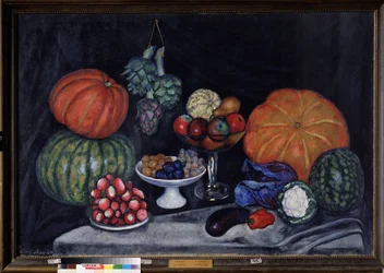 Grøntsager. Stilleben med græskar, artiskokker, blommer, vindruer, æbler, pære, aubergine, peber, kål, blomkål og vandmelon. (Grøntsager. Stilleben). Maleri af Ilya Ivanovich Mashkov (Ilia Mashkov, Matchkov) (1881-1944), olie på lærred