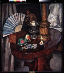 Stilleben med fan (Still life with a Fan). Maleri af Ilya Ivanovich Mashkov (Ilia Mashkov, Matchkov) (1881-1944), olie på lærred