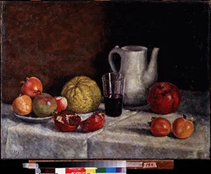 Stilleben med et granatæble. Maleri af Ilya Ivanovich Mashkov (Ilia Mashkov, Matchkov) (1881-1944), olie på lærred, slutningen af ​​1930. Russisk kunst fra det 20. århundrede, sovjetisk kunst. Regionalt A. Deineka kunstgalleri, Kursk (Rusland).