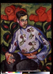 Portræt af en dreng i en skjorte med blomster. Maleri af Ilya Ivanovich Mashkov (Ilia Mashkov, Matchkov) (1881-1944), olie på lærred