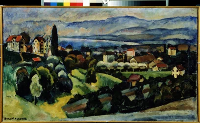 Udsigt over byen Nervi (Italien) Beskrivelse af landskabet og den lille by på kysten af ​​den italienske riviera, nær Genova, om sommeren. Maleri af Ilya Ivanovich Mashkov (Ilia Mashkov, Matchkov) (1881-1944), olie på lærred.