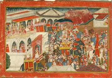 Krishna og Balarama tog afsted fra et palads, ca. 1840