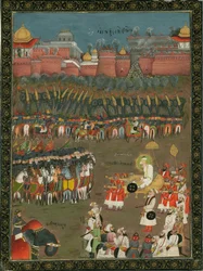 Erobringen af Golkonda af Mughal-kejser Aurangzeb i 1687, ca 1760