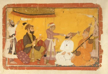 ]7.110359 Gosain Narayan tager gift i nærværelse af kejser Jahangir, Nurpur, Pahari School, 1725