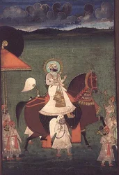 AS10 Album 43 nr.4514 Kat.nr. 514 iii Rana Sarup Singh (1842-61) fra Mewar rider på en kastanjehingst, hans holdere til fods bærer parasoller og kongelige indretninger, Udaipur, ca. 1855