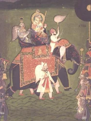 AS10 Album 43 nr. 4515 Rana Jawan Singh (1828-38) fra Mewar rider på en elefant i kaparison, ca. 1835 (ugennemsigtig akvarel)