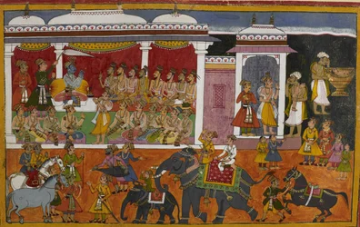 En brahmin konsulterer Rāma om sin søns død, mens liget er bevaret i en urne.