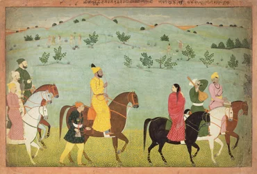 En Jasrota-prins, muligvis Balwant Singh, på rideekspedition af Nainsukh (fl. 1740-50) Kashmir, ca. 1751