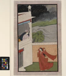 En dame kommer til sin elskers hus i et regnvejr, ca. 1830 (ugennemsigtig w/c og guld på papir)