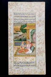 En mand bejler til en kvinde i en boudoir-scene, Rajasthani-miniaturemaleri
