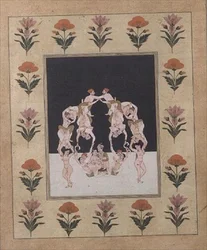 Et par elskende siddende på en gynge sammensat af andre sammenflettede elskere, ca. 1830 (gouache på papir)