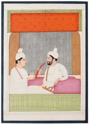 Et portræt af Raja Sansar Chand af Kangra og hans søn Aniruda Chand, Kangra, Punjab Hills, Nordindien
