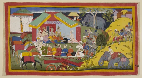 Tilføj 15296 (1) f.100r, Bharata og hans tilhængere har nået hovedstaden i Nishada Kongerige. I deres lejr på bredden af Ganga sidder Bharata, hans bror og ministre i durbar foran deres telt. Nishadaking Guha følger med