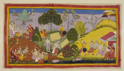 Tilføj 15296 (1) f.101r, Til venstre besvimer Bharata, i sin ekstreme nød, efter at have hørt Guha