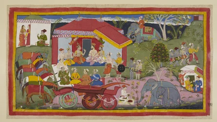 Tilføj 15296 (1) f.104r, I en lejrscene bliver Guha the Nishadaking introduceret til mødet mellem prinser, brahminer og ministre. Hestene, frigjort fra vognene, står i en række tøjret og hinklede, mens en mahout forbereder pulver til de