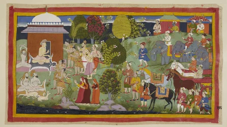 Tilføj 15296 (1) f.108r, Bharadvaja, siddende uden for sin hytte sammen med andre asketer og hjorte, spørger prinserne, om de har nydt hans gæstfrihed. Han fortæller dem og deres ledsagere, at Rama bor i Citrakuta. Efter hans anmodning fik fyrsterne intr