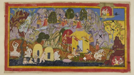 Tilføj 15296 (1) f.111r, I mellemtiden er alt fredeligt med de landflygtige i deres bolig på Citrakuta-bjerget. Rama påpeger sine skønheder Sita - de mange varianter af dejlige træer og fugle, klipperne farvet af ædelstene og mineraler, og Mandakina-floden