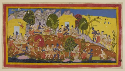 Tilføj 15296 (1) f.114r, Øverst i midten kaster Bharata og Shatrughna sig for fødderne af Rama, som omfavner sine yngre brødre og lugter Sitaeirs hoveder. Rama tager dem på skødet, mens han spørger efter deres og deres fars velfærd, og h