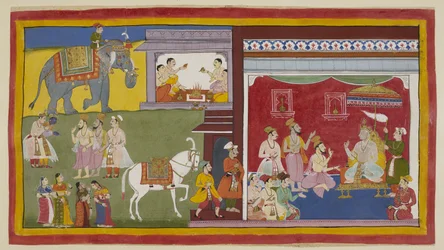 Tilføj 15296 (1) f.11r, Dasaratha, der troner i durbar, fortæller brahminerne Vasistha og Vamadeva og hans minister Sumantra om hans hensigt om at afgive sin trone til Rama som regent; til venstre kalder disse tre Rama og Laksmana. Ovenfor begynder fire br