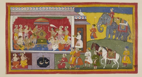 Tilføj 15296 (1) f.129r, I tronsalen ved NandigRama placerer Bharata Ramas sandaler på tronen og sammen med de forsamlede præster og præster indsætter dem som hersker over Ayodhya. De bliver herefter behandlet som Rama selv. De to prinser i deres
