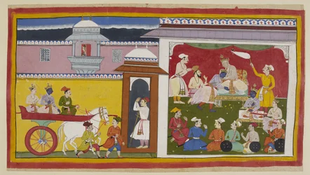 Tilføj 15296 (1) f.12r, Sumantra bringer Rama og Laksmana i en vogn til Dasarathas durbar-sal med en kvinde, der kigger ned fra oven gennem en jharokha. Kongen hilser på Rama, informerer ham om hans beslutning og sætter ham på en lille trone ved siden af h
