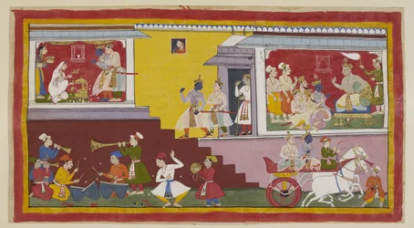 Tilføj 15296 (1) f.14r, Til højre fortæller Dasaratha igen Rama, at han vil gøre ham til konge, med Vasistha, Laksmana, en anden brahmin og ministre til stede. Rama og Laksmana forlader derefter kongen for at kalde på Kausalya til venstre, som klædt i hvid