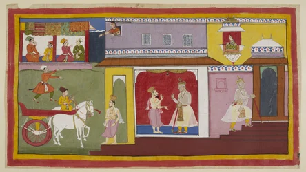 Tilføj 15296 (1) f.18r, Vasistha vender tilbage til paladset og fortæller Dasaratha, at alt er forberedt til ceremonien. Dasaratha trækker sig tilbage til et indre kammer i paladset. Ovenover kigger Kaikeyis tjener Manthara ud af et øverste vindue og obser