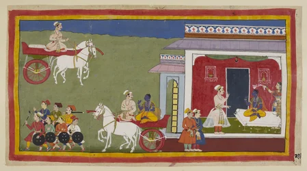 Tilføj 15296 (1) f.29r, Sumantra ankommer i en stridsvogn til Ramas palads, finder ham siddende på en sofa, nu klædt i gul dhoti og uttaraiya frem for hans tidligere nutidige kostume, og med Sita viftende med et tørklæde over sig. Hans pande er salvet med 