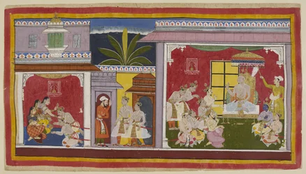Tilføj 15296 (1) f.2r, I tronsalen ved Ayodhya (til højre) sidder kong Dasaratha med sine fire sønner, sin minister Sumantra og sin ypperstepræst Vasistha. Yudhajit, dronning Kaikeyis bror og Bharatas morbror, er kommet for at tage Bharata på besøg