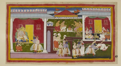 Tilføj 15296 (1) f.34r, Rama accepterer sin forvisning med fuldkommen sindsro, og han og Laksmana tager afsked med Kaikeyi og Dasaratha, som med nedslået hoved og afvendt blik ikke kan få sig selv til at se på sin søn. Han og Laksmana forlader Kaikeyis pal