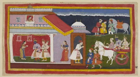 Tilføj 15296 (1) f.41r, Efter at have overtalt sin mor og bror til roligt at acceptere hans skæbne, vender Rama og Laksmana tilbage til sit eget palads i vognen, og Ramas hoved bøjede sig i sin sædvanlige ydmyghed. De bliver mødt af Sita, som først har set