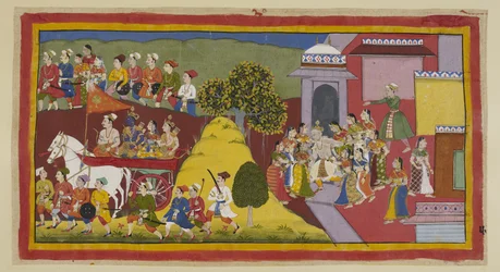 Tilføj 15296 (1) f.57r, Rama, ulidelig bedrøvet ved synet af sine gamle forældre, der løber desperat efter vognen, har opfordret chaufføren. Vognen passerer bag en bakke, stadig omgivet af byens indbyggere, mens Dasaratha, som er løbet efter den,