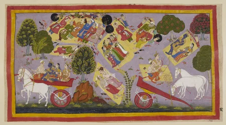Tilføj 15296 (1) f.61r, De landflygtige har nået Tamasa-floden og tilbringer natten på dens bredder, stadig omgivet af de sørgende byfolk. Sita og Rama ligger og sover på en græsleje, mens Laksmana og Sumantra taler om Ramas dyder, og hestene g