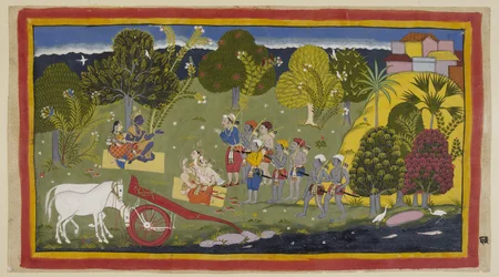 Tilføj 15296 (1) f.63r, ledsagerne har nået floden Ganga ved Srngaverapura Rama og Sita sidder på en måtte af halm under et træ, der er beregnet til at være et Ingudi-træ, mens Laksmana og Sumantra på samme måde sidder vendt mod dem. Hestene har været unha