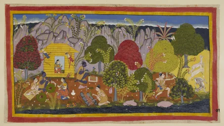 Tilføj 15296 (1) f.71r, Inden de tager bolig i hytten, skal der afgives oblationer til de præsiderende guddomme. Laksmana jager hjorte til højre og vender tilbage til hytten for at lave mad; Rama tilbyder en del af det som et offer. De to brødre spiser så,