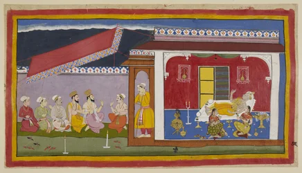 Tilføj 15296 (1) f.76r, Dasaratha ligger på sin seng i sit kammer, de to dronninger siddende ved siden af ham, alle tre i en samtaleholdning, mens de forsøger at trøste hinanden. Uden for lokalet er brahminer og ministre i samtale med Sumantra. Det