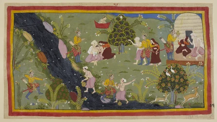 Tilføj 15296 (1) f.79r, Dasaratha fortæller dronningerne om hændelsen i hans ungdom, da han ved et uheld dræbte en vismands søn under jagt. Til venstre retter Dasaratha fejlagtigt sin bue gennem træer mod den unge, som fylder sin vandkande på den anden
