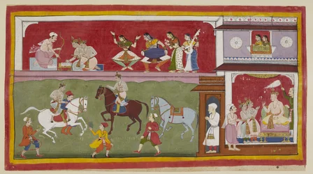 Tilføj 15296 (1) f.7r, Til højre i paladset beder prinserne kongen om lærere i religion, kunst og videnskab, mens to damer ovenover ved et tæppebelagt jharokha-vindue ser ned på dem til venstre, mens de øver sig ridning på motionspladsen.