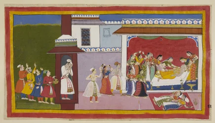 Tilføj 15296 (1) F.80R, bards, musikere og dansere ankommer om morgenen ved døren til kongekammeret for at vække ham, mens inde i en gruppe kvinder forsøger at vække ham fra søvn og opdage ham for at være død. Kausalya og Sumitra, udmattet gennem deres