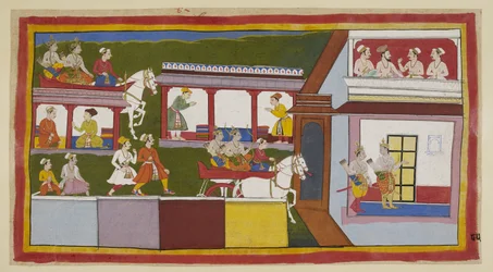 Tilføj 15296 (1) f.85r, Prinserne i deres vogn kører gennem hovedgaden ved Ayodhya, undrende over forandringen i byen, siden de forlod den, og træder derefter ind i paladset med spørgende bevægelser. I et overrum mødes en brahmin og tre ministre