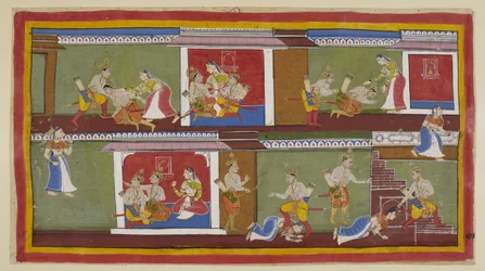 Tilføj 15296 (1) f.89r, Øverst til højre hilser Bharata og Shatrughna på Kaikeyi, som tager dem på skødet, og de taler om de seneste begivenheder. Bharata besvimer, da han hører om sin fars død, og hvad hans mor har gjort for at sikre