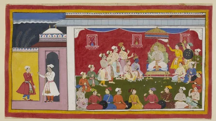 Tilføj 15296 (1) f.8r, Dasaratha sidder på sin trone i fuld durbar, med Rama og Laksmana knælende ved siden af ham, mens budbringeren sendt af Bharata fra sin bedstefars hof fortæller Sitae-kongen, hvor flittigt hans to andre sønner studerer. En ring på ca