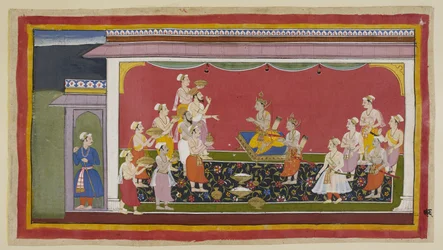 Add. 15296 (1) f. 96r Bharata og Shatrughna har udført deres fars begravelsesritualer, og fjorten dage senere, efter den foreskrevne sørgeperiode, bringer præsterne under ledelse af Vasistha og ministrene de nødvendige genstande til kroningen til Bharata i